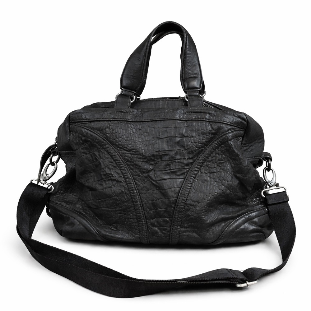 BCBGMaxAzria Women's Black Leather Embossed Croc Print Satchel Shoulder Bag